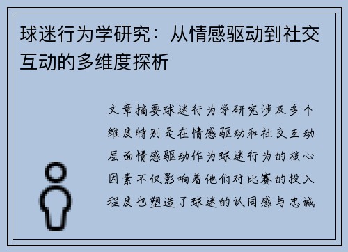 球迷行为学研究：从情感驱动到社交互动的多维度探析
