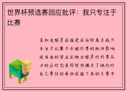 世界杯预选赛回应批评：我只专注于比赛