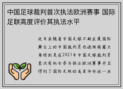 中国足球裁判首次执法欧洲赛事 国际足联高度评价其执法水平